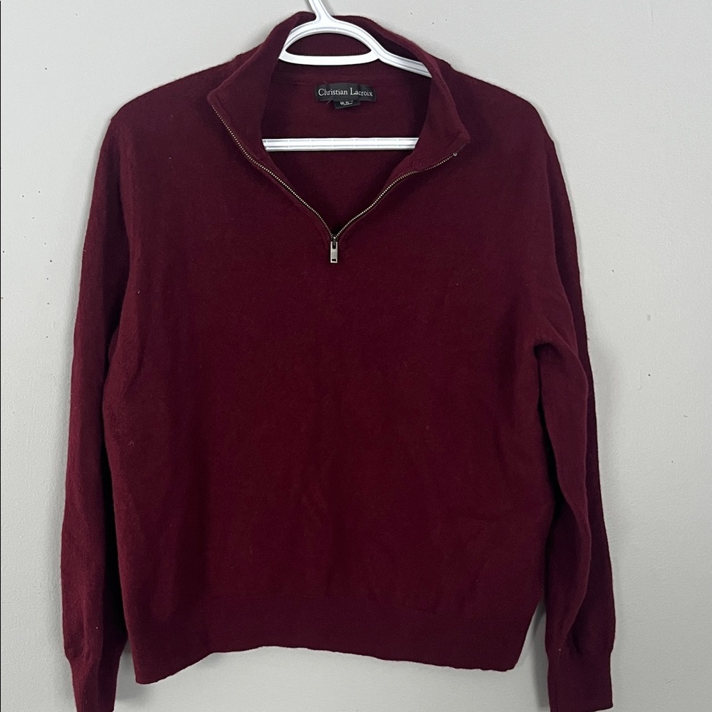Christian Lacroix Men's Deep Red Zip-Up SweaterXL 100% Extra Fine Merino Wool